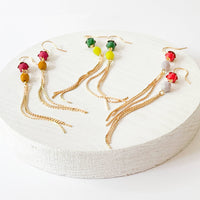 Long glass Bead and Gold Tassel Earrings