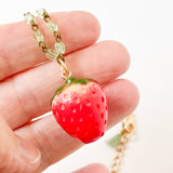 Kids Strawberry Charm Necklace with Green Beads