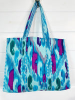 Cotton Quilted Block Print Tote Bag - Aqua Blue Ikat Tie Dye