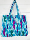 Cotton Quilted Block Print Tote Bag - Aqua Blue Ikat Tie Dye