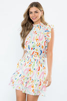 White Abstract Print Smocked Ruffle Skirt