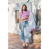 MID RISE DENIM FRAYED ROLL UP HEM WIDE LEG JEANS
