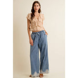 LACE TRIM WIDE LEG ELASTIC MID RISE DENIM PANTS
