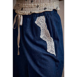 POCKET LACE TRIM WIDE LEG PULL ON DENIM PANT