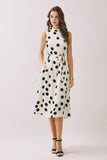 CD06774-Polka Dot Mock Neck Self Tie Waist Midi Dress