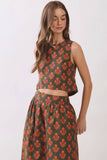 CT10155-Floral Print Back Button Down Crop Top + Maxi Skirt