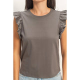 Ruffle Cap Sleeve Crew Neck Top