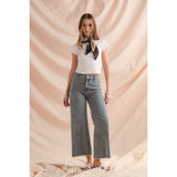 WASHED STRIPE DENIM FRAYED HEM PANTS