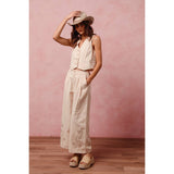 FLORAL EYELET EMBROIDERED WIDE LEG PANTS