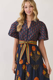 CD07350-Floral Print Tiered Midi Dress with Waist Tie