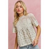 FLORAL PRINT LACE TRIM COTTON BLOUSE TOP
