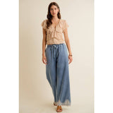 LACE TRIM WIDE LEG ELASTIC MID RISE DENIM PANTS