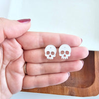 Skull Studs - White Glitter // Halloween Earrings