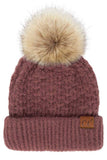 C.C Smocking Stitch Pattern Cuff Beanie with Pom Winter Hat