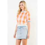 Short Sleeve Check Knit Top