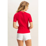 Rib Knitted Short Sleeve Polo Top
