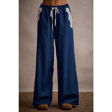 POCKET LACE TRIM WIDE LEG PULL ON DENIM PANT