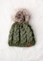 Olive Cable Knit Pom Hat