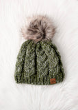 Olive Cable Knit Pom Hat