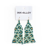 Delilah Cheetah Print Beaded Fringe Earrings Green + Gold Wholesale