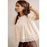 POLKA DOT COTTON LACE TRIM SHORT SLEEVES BLOUSE TOP