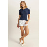 Rib Knitted Short Sleeve Polo Top