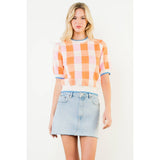 Short Sleeve Check Knit Top