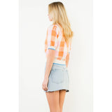 Short Sleeve Check Knit Top