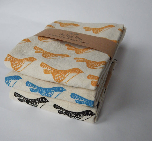 Bird Kitchen Towel, Handprinted Tea Towel