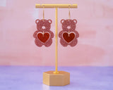 Valentines Earrings Bear With Heart, Glitter Acrylic Dangles