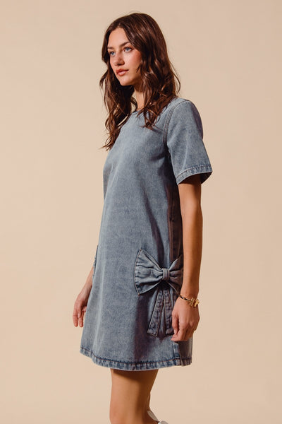 Bow Ribbon Knot Applique Denim Mini Dress