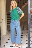 36723 Floral Embroidered Lace Puff Sleeve Solid Textured Top