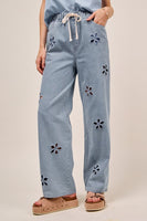 Mid Rise Floral Embroidery Wide Leg Denim Pants