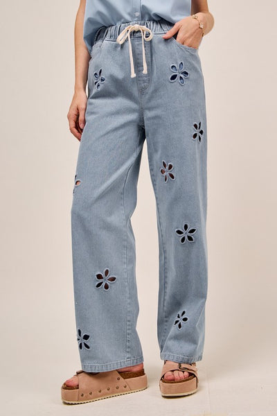 Mid Rise Floral Embroidery Wide Leg Denim Pants