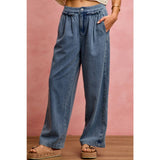 MID RISE RUFFLED FRONT ELASTIC WIDE LEG DENIM PANT