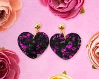 Small Heart Earrings, Black & Pink Valentines Jewelry: 1in