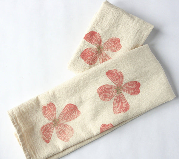 Dogwood Kitchen Towel, Floral Tea Towel, Handprinted Towel
