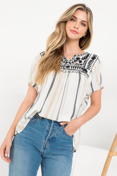 Cream Embroidered Short Sleeve Top