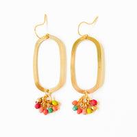 Long Oval Brass Earrings With Tiny Colorful Beaded Clusters