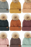 C.C Smocking Stitch Pattern Cuff Beanie with Pom Winter Hat