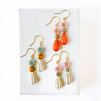 Flower and long Oval bead Earrings, Fall Winter Jewelry