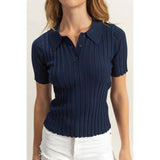 Rib Knitted Short Sleeve Polo Top