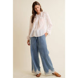 LACE TRIM WIDE LEG ELASTIC MID RISE DENIM PANTS