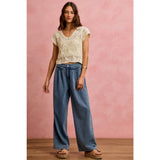 MID RISE RUFFLED FRONT ELASTIC WIDE LEG DENIM PANT
