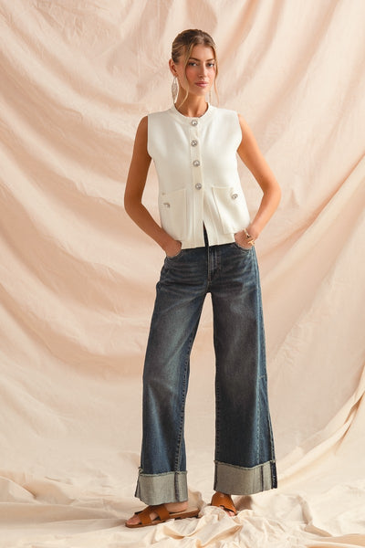 Washed Denim Wide Jeans With Frayed Cut Roll Up