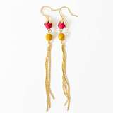 Long glass Bead and Gold Tassel Earrings