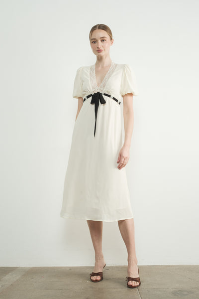 V Neck Lace Midi Dress with Bow