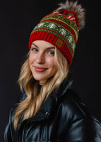 Red, Green & White Christmas Pattern Pom Hat