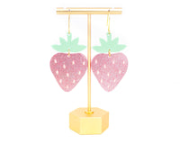 Glitter Pink Strawberry Acrylic Earrings, Fruit Dangles