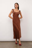 Valentina Tie Back Maxi Dress In Brown Satin